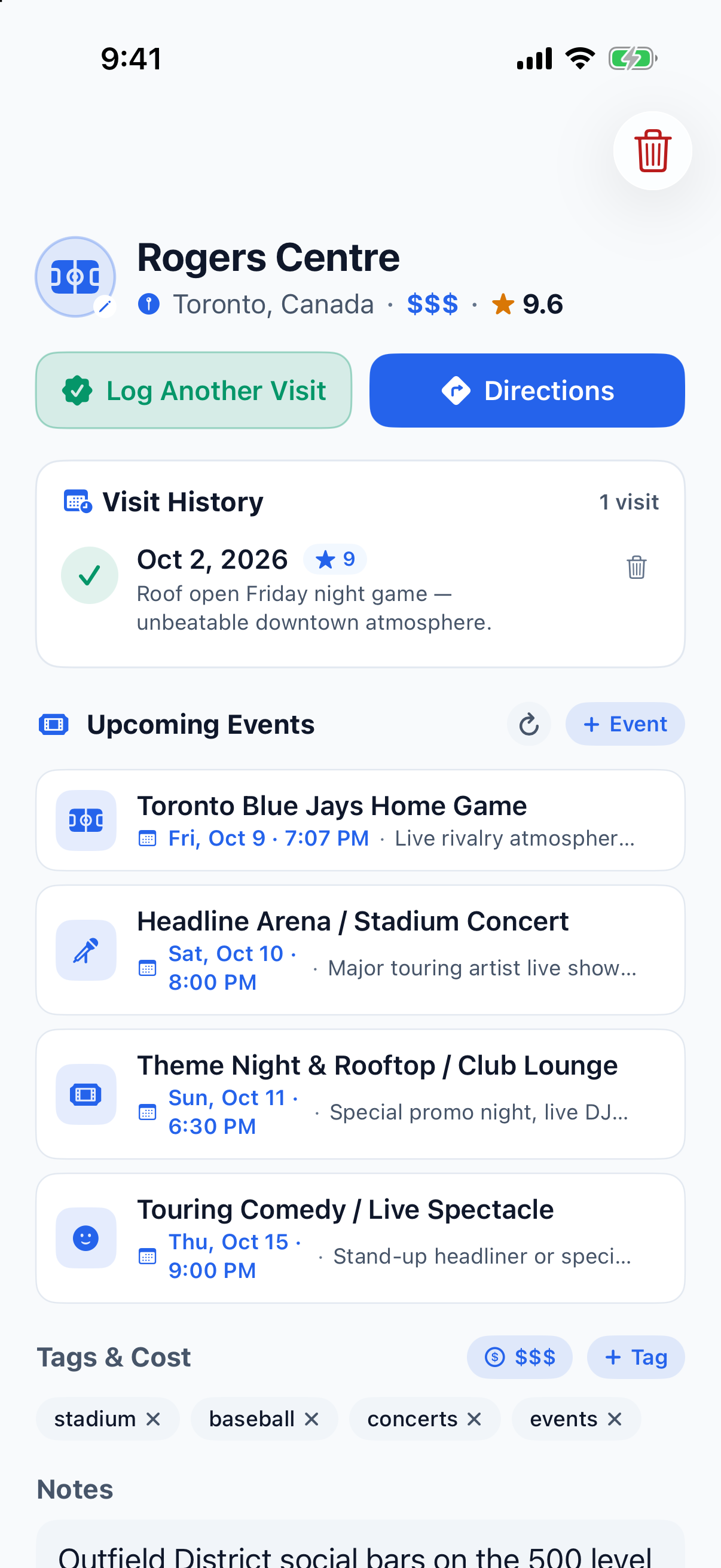 Visit History & Upcoming Venue Events
